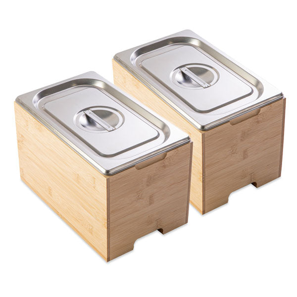 Lot de 2 bacs gastro avec couvercles en inox et supports bambou Mathon - Mathon - 1