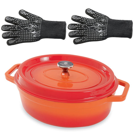 Lot cocotte en fonte ovale orange 33 cm 6 L et 2 gants anti-chaleur grand modèle (taille 10) Mathon - Mathon - 1