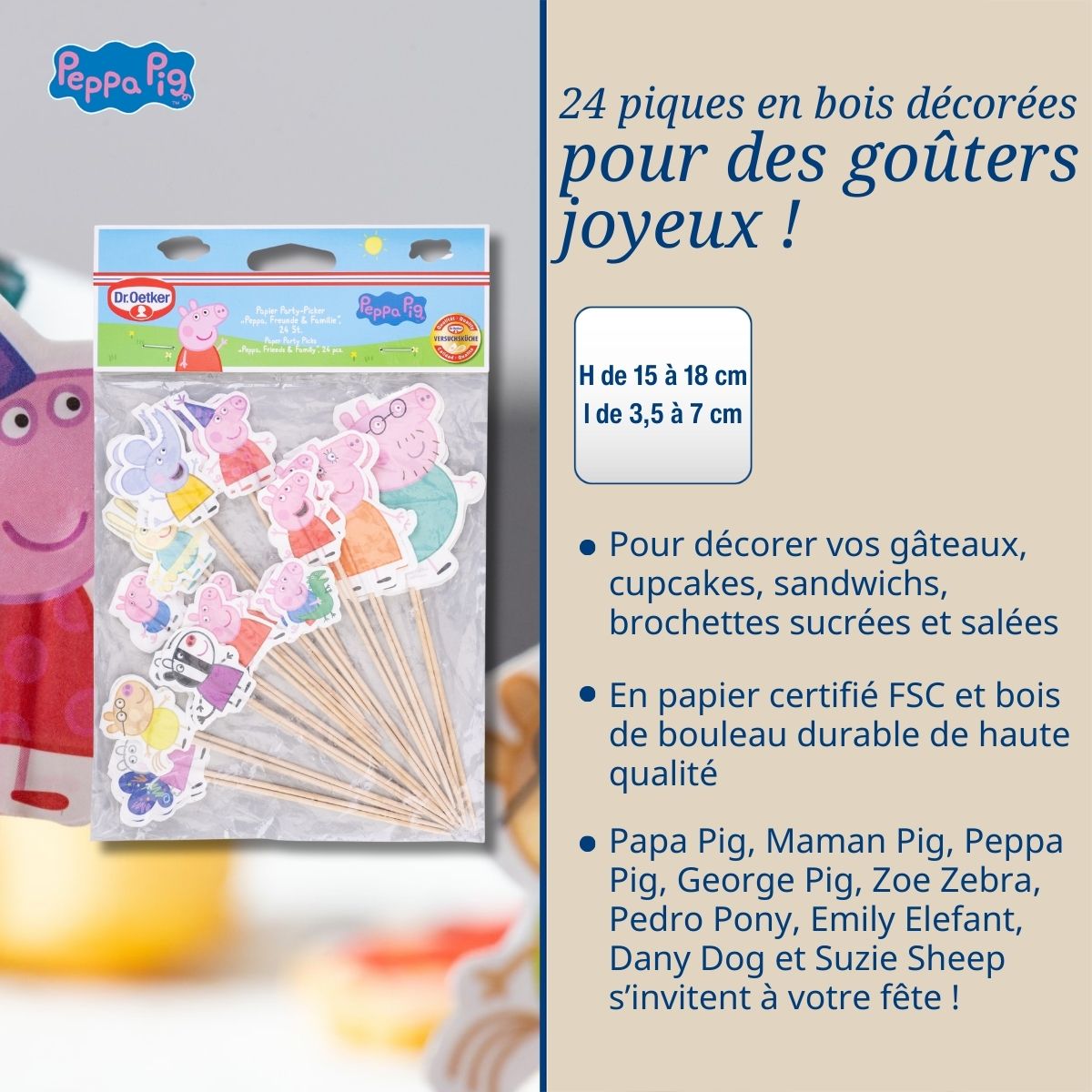 Lot de 24 piques en bois décorés pour fêtes et anniversaires Dr. Oetker Peppa Pig Dr. Oetker - Mathon - 3