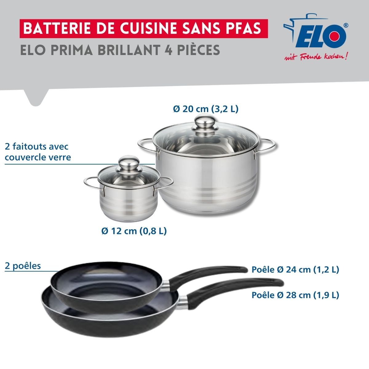 Ensemble de 2 Poêles de cuisson 24 et 28 cm et 2 faitouts 12 et 20 cm  Prima Brillant Elo - Mathon - 2