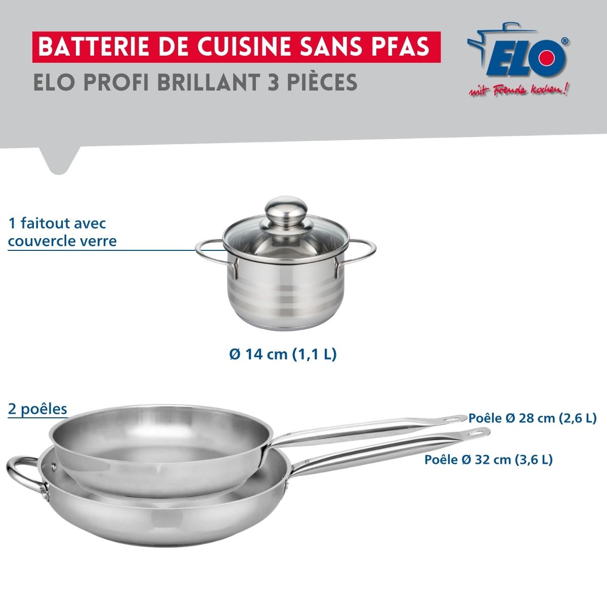 Ensemble de 2 Poêles de cuisson 28 et 32 cm et 1 faitout 14 cm  Profi Brillant Elo - Mathon - 2