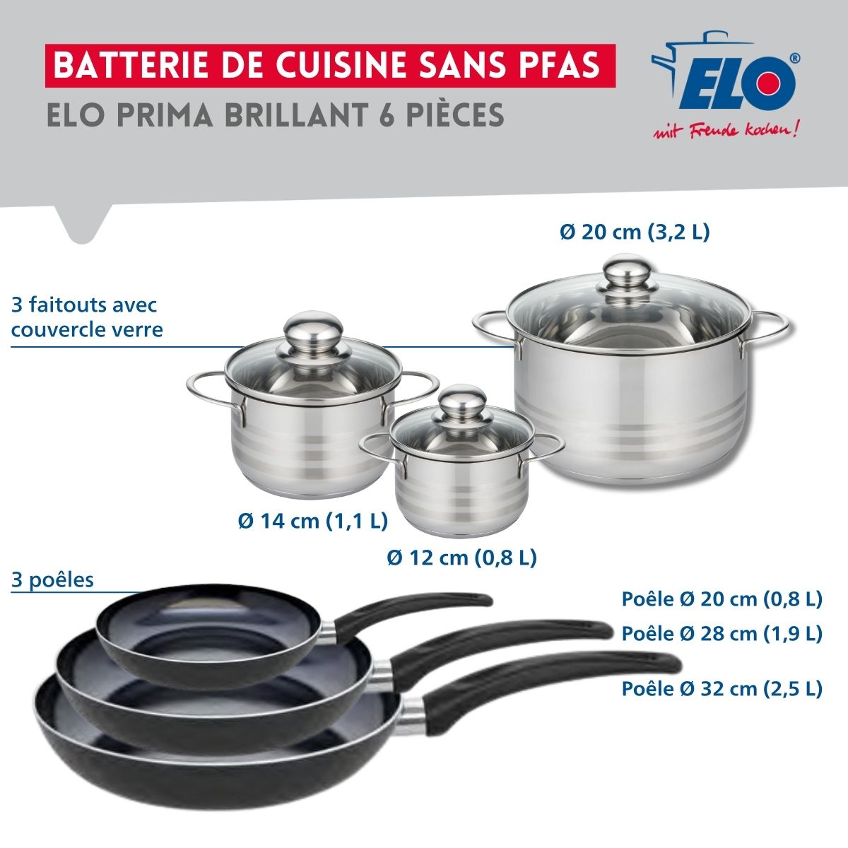 Ensemble de 3 Poêles de cuisson 20, 28 et 32 cm et 3 faitouts 12, 14 et 20 cm  Prima Brillant Elo - Mathon - 2