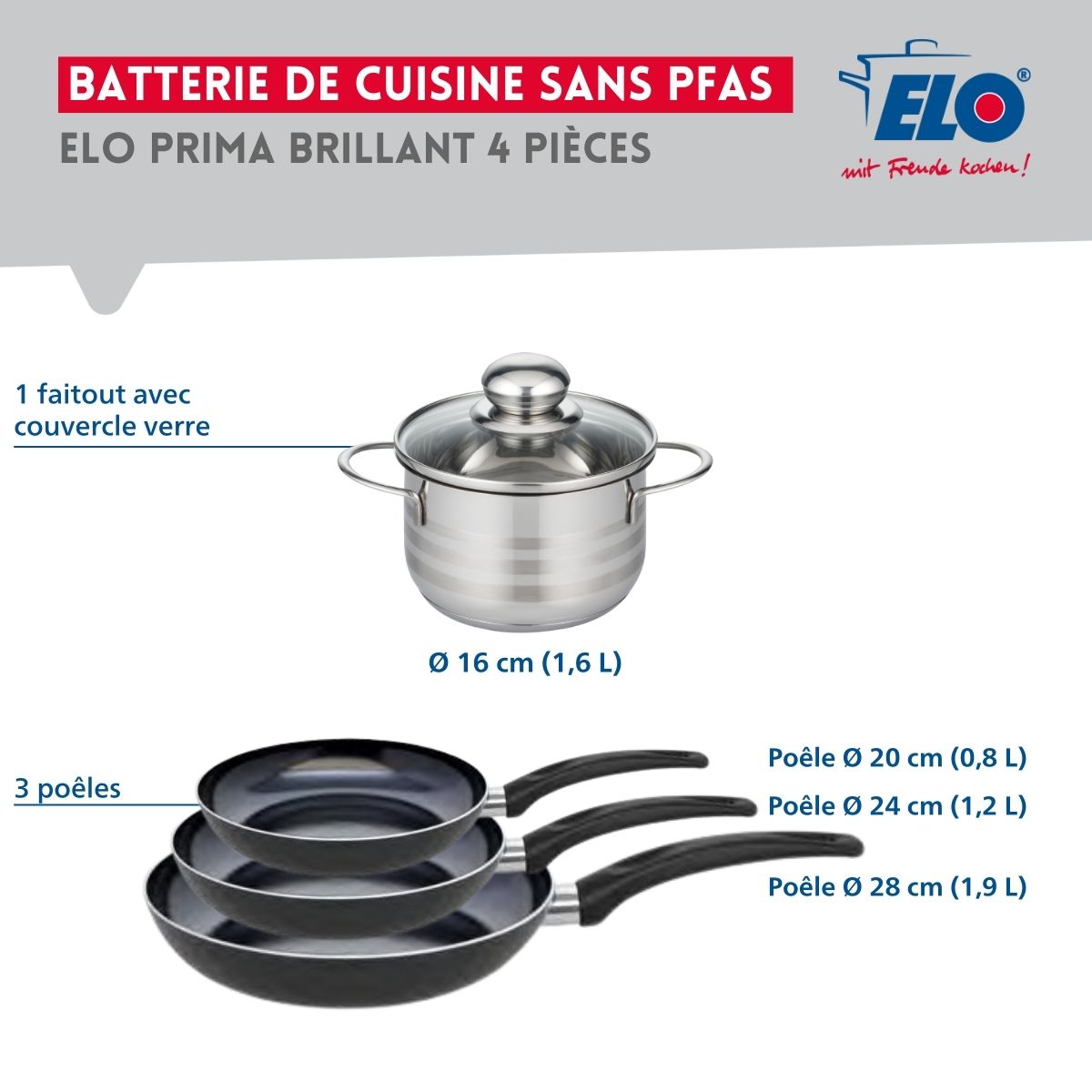 Ensemble de 3 Poêles de cuisson 20, 24 et 28 cm et 1 faitout 16 cm  Prima Brillant Elo - Mathon - 2