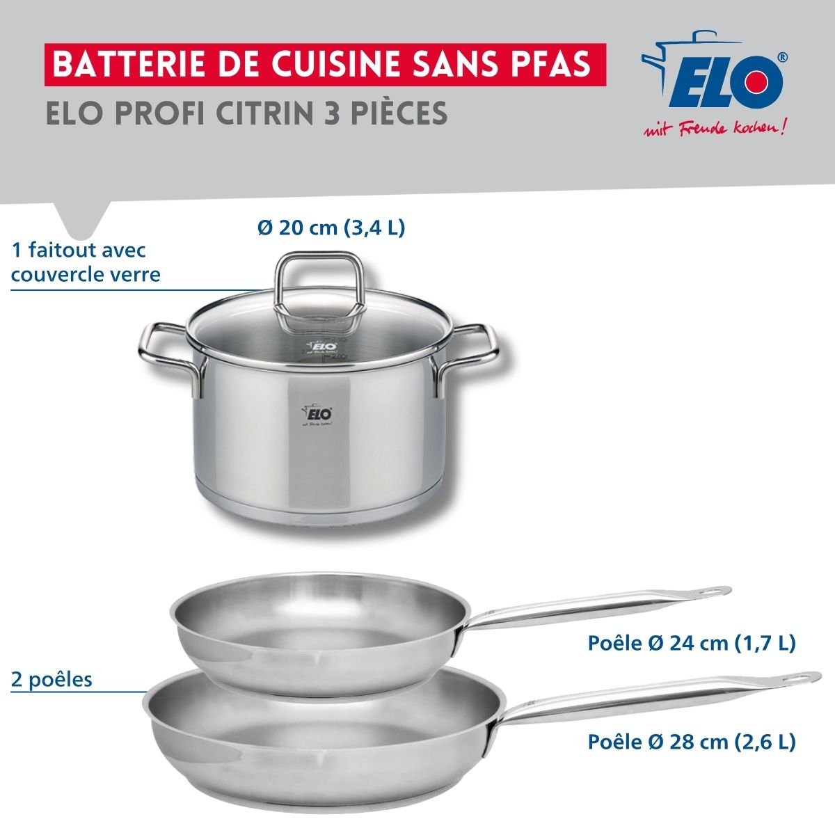 Set de 2 Poêles de cuisson 24 et 28 cm et 1 faitout 20 cm  Profi Citrin Elo - Mathon - 2