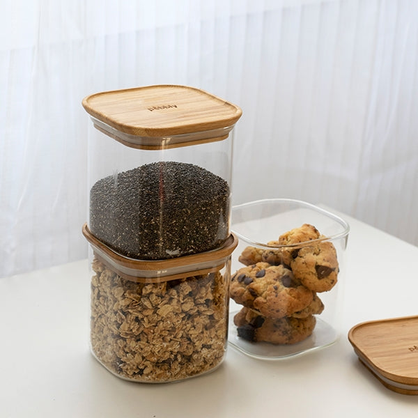 Set de 3 boites carrées verre et bambou 800 ml Pebbly - Mathon - 2