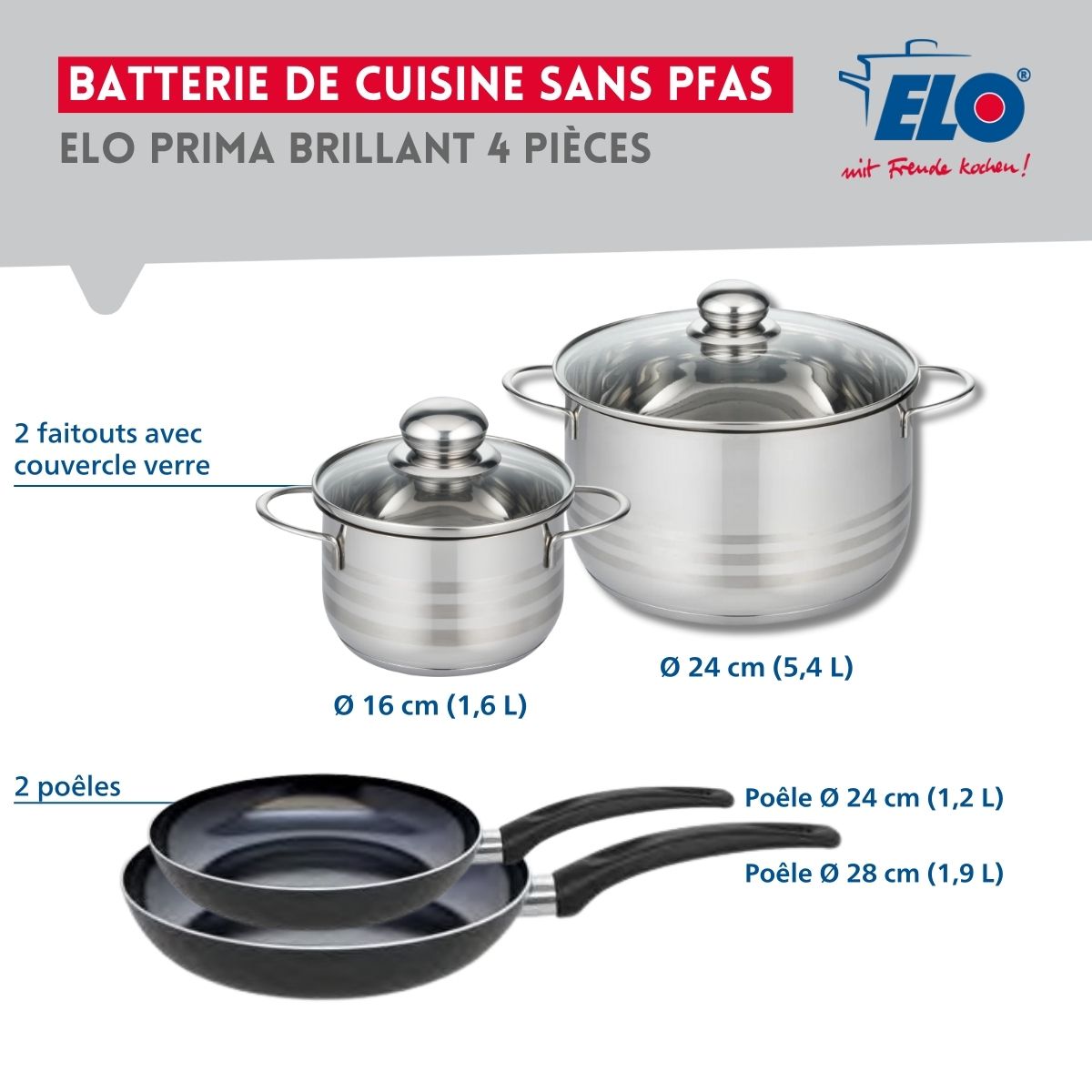 Ensemble de 2 Poêles de cuisson 24 et 28 cm et 2 faitouts 16 et 24 cm  Prima Brillant Elo - Mathon - 2