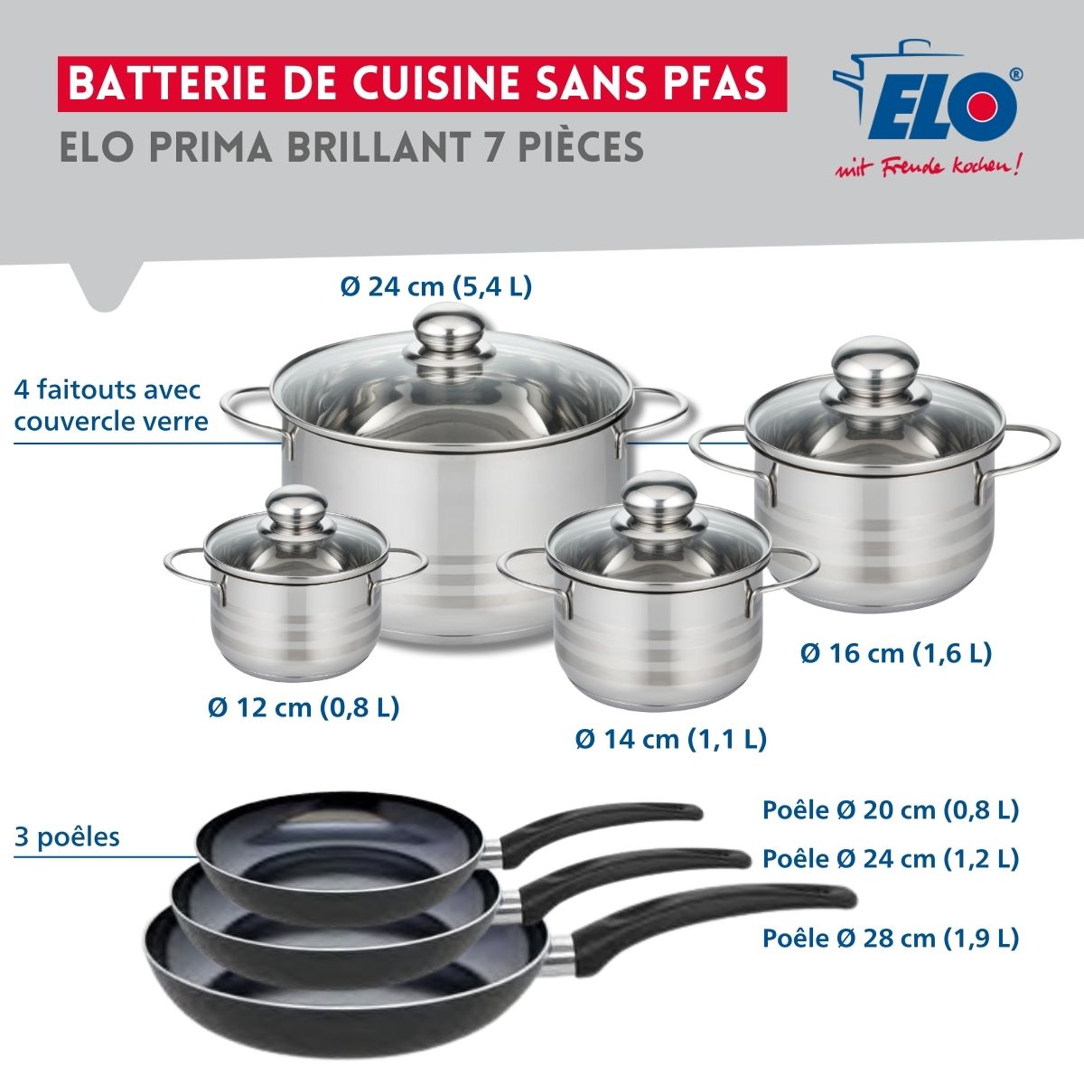 Ensemble de 3 Poêles de cuisson 20, 24 et 28 cm et 4 faitouts 12, 14, 16 et 24 cm  Prima Brillant Elo - Mathon - 2
