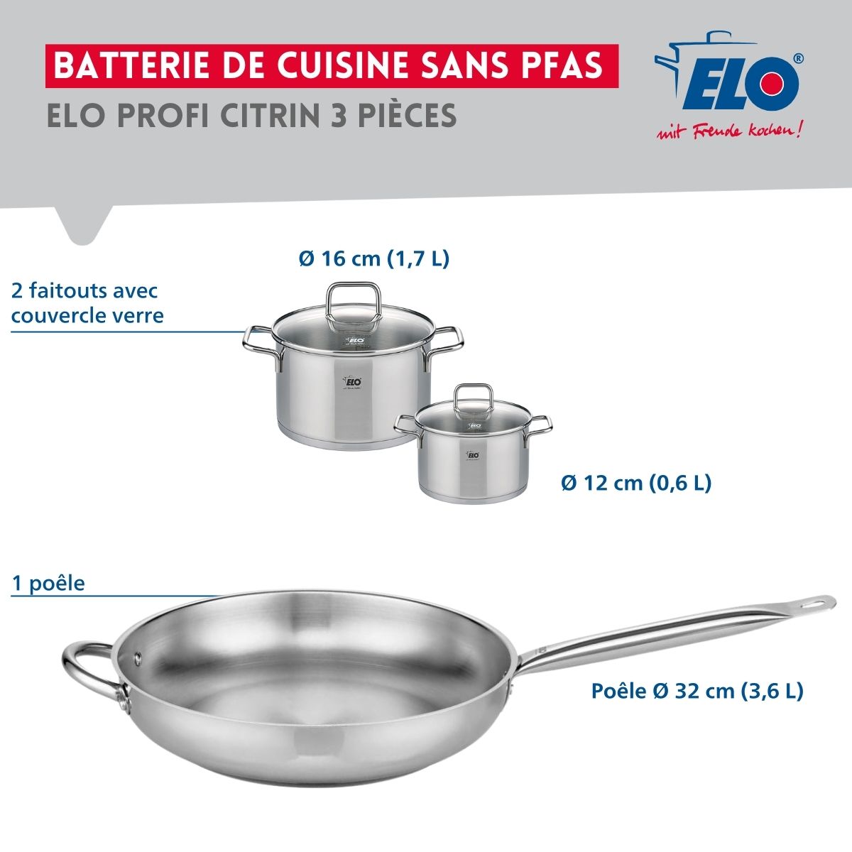 Ensemble de 1 Poêle de cuisson 32 cm et 2 faitouts 12 et 16 cm  Profi Citrin Elo - Mathon - 2
