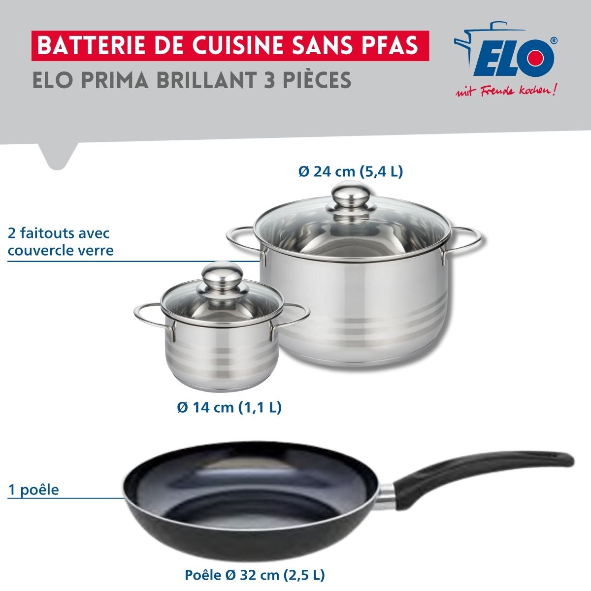 Ensemble de 1 Poêle de cuisson 32 cm et 2 faitouts 14 et 24 cm  Prima Brillant Elo - Mathon - 2