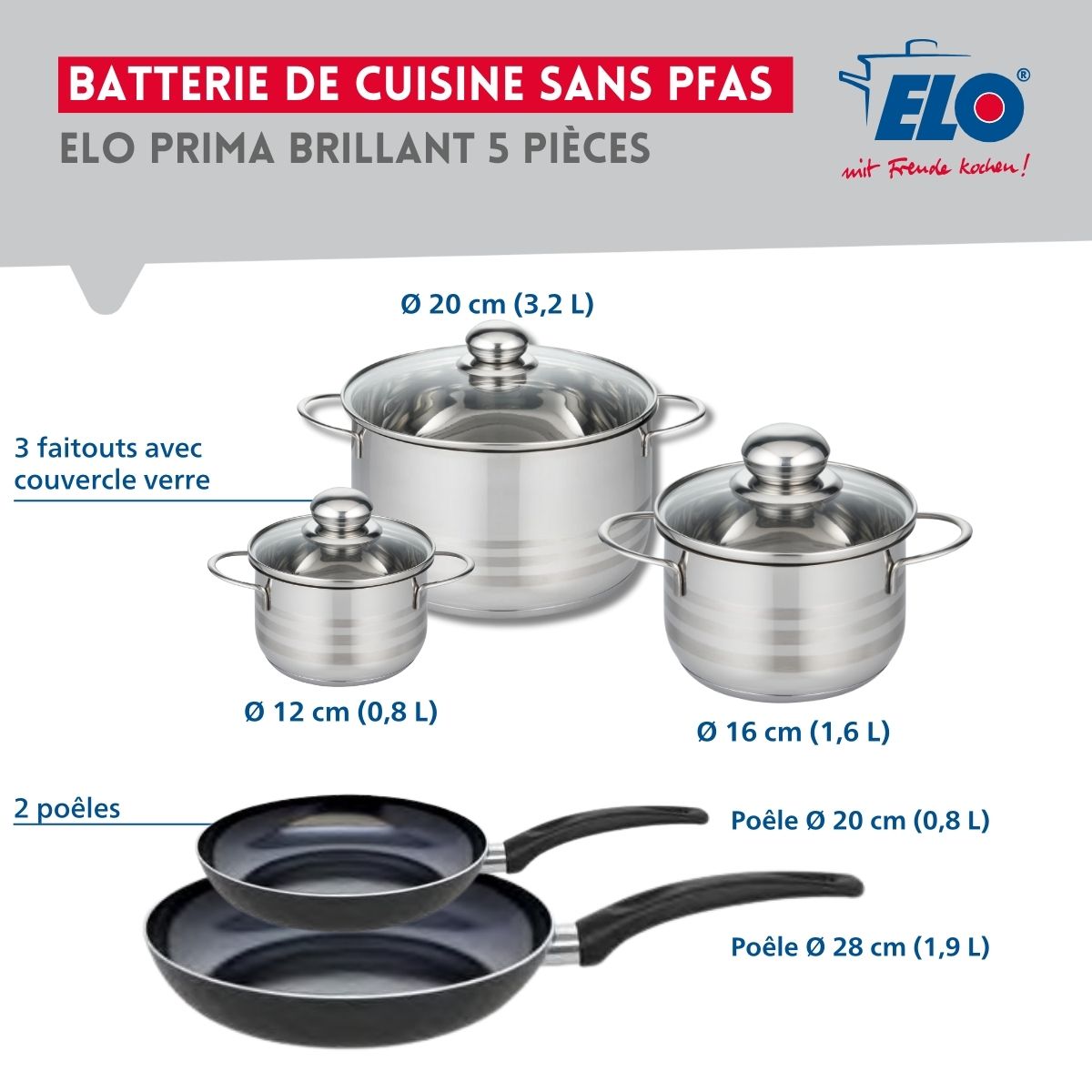Ensemble de 2 Poêles de cuisson 20 et 28 cm et 3 faitouts 12, 16 et 20 cm  Prima Brillant Elo - Mathon - 2