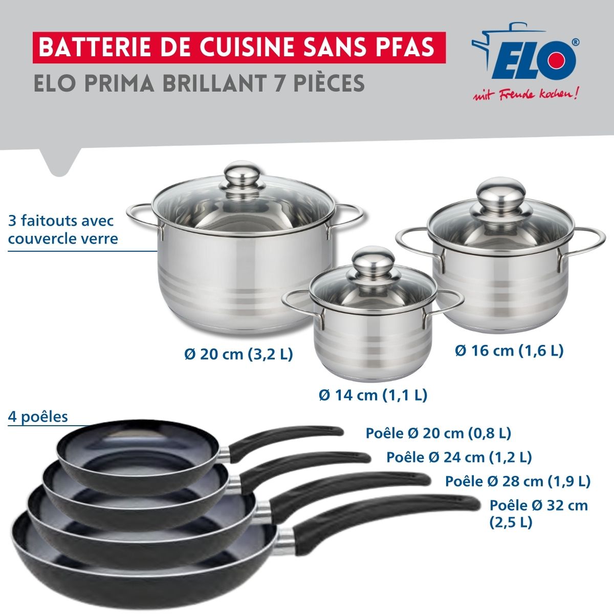 Ensemble de 4 Poêles de cuisson 20, 24, 28 et 32 cm et 3 faitouts 14, 16 et 20 cm  Prima Brillant Elo - Mathon - 2