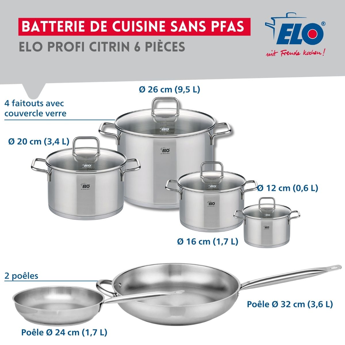 Ensemble de 2 Poêles de cuisson 24 et 32 cm et 4 faitouts 12, 16, 20 et 26 cm  Profi Citrin Elo - Mathon - 2
