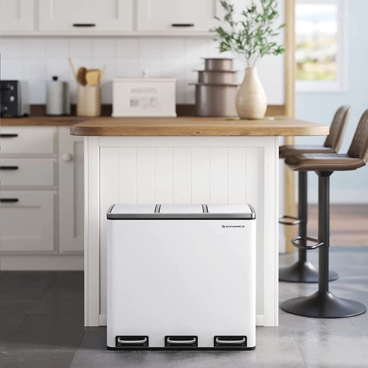 Poubelle de tri 3 bacs de 18L blanche à pédale Calicosy - Mathon - 2