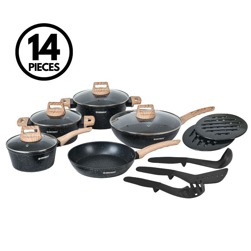Batterie de cuisine 14 pièces avec revêtement en granit et manche en bois Noir Herzberg HGWDMRB14-BLK Herzberg - Mathon - 2