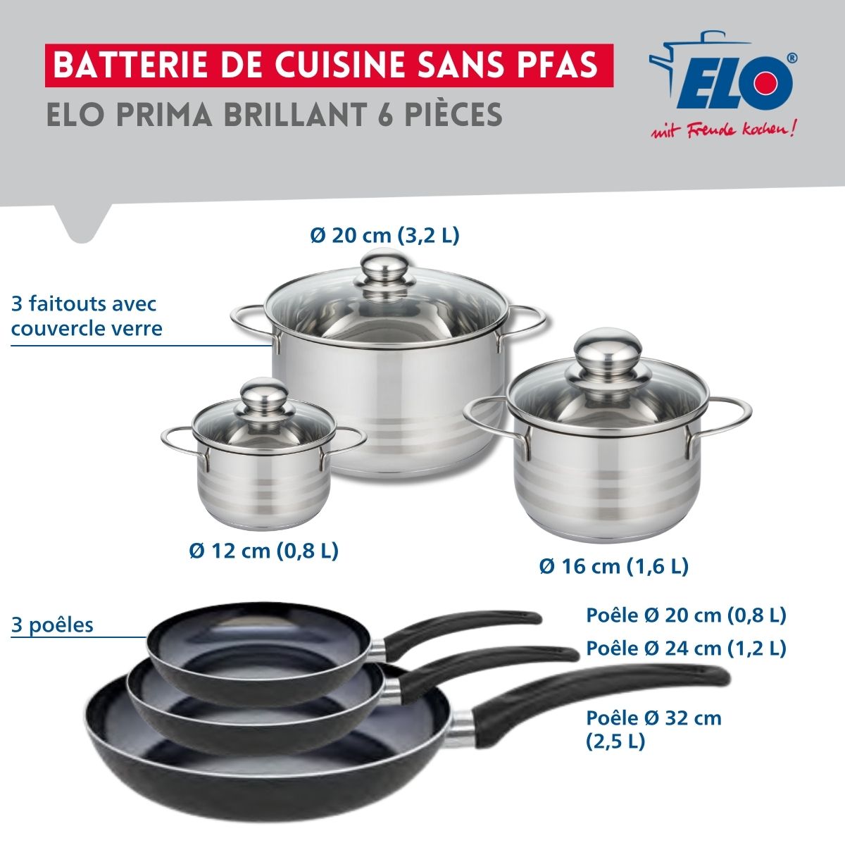 Ensemble de 3 Poêles de cuisson 20, 24 et 32 cm et 3 faitouts 12, 16 et 20 cm  Prima Brillant Elo - Mathon - 2