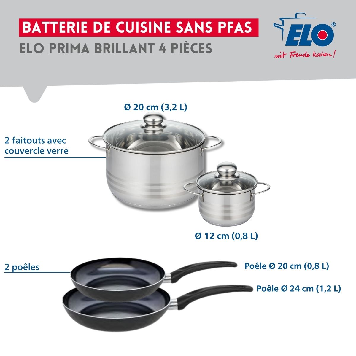 Ensemble de 2 Poêles de cuisson 20 et 24 cm et 2 faitouts 12 et 20 cm  Prima Brillant Elo - Mathon - 2