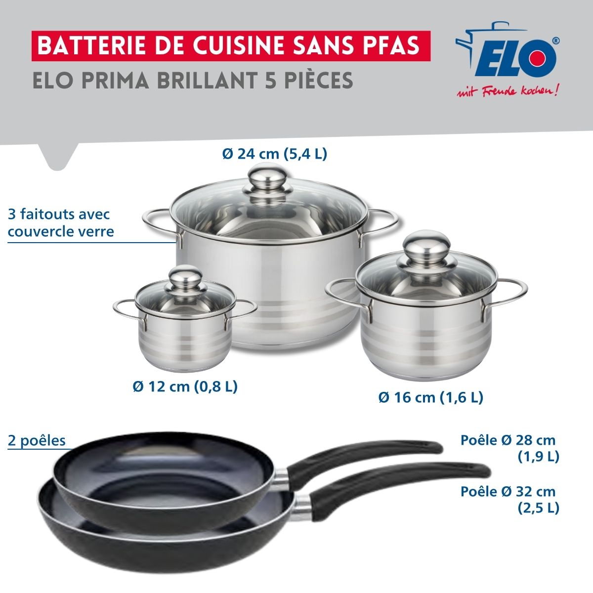 Ensemble de 2 Poêles de cuisson 28 et 32 cm et 3 faitouts 12, 16 et 24 cm  Prima Brillant Elo - Mathon - 2