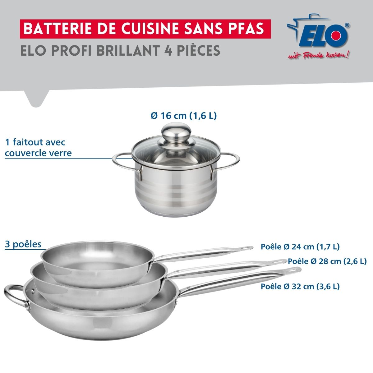 Ensemble de 3 Poêles de cuisson 24, 28 et 32 cm et 1 faitout 16 cm  Profi Brillant Elo - Mathon - 2