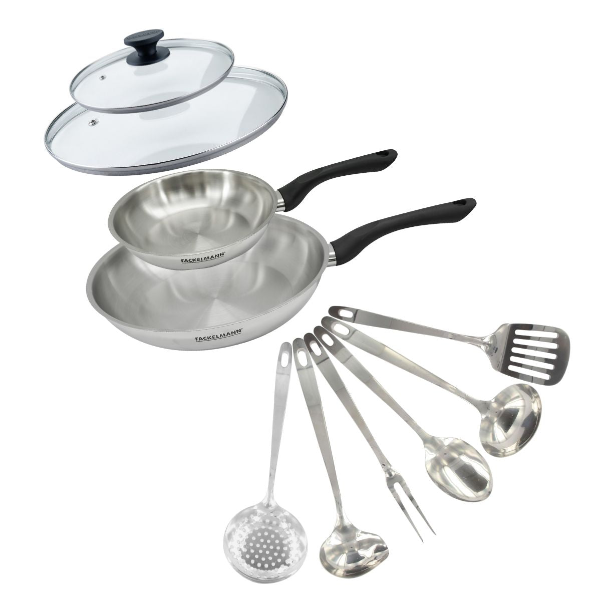 Set 2 poêles 20 et 28 cm en inox, couvercle verre et 6 ustensiles inox  Geneva Fackelmann - Mathon - 1
