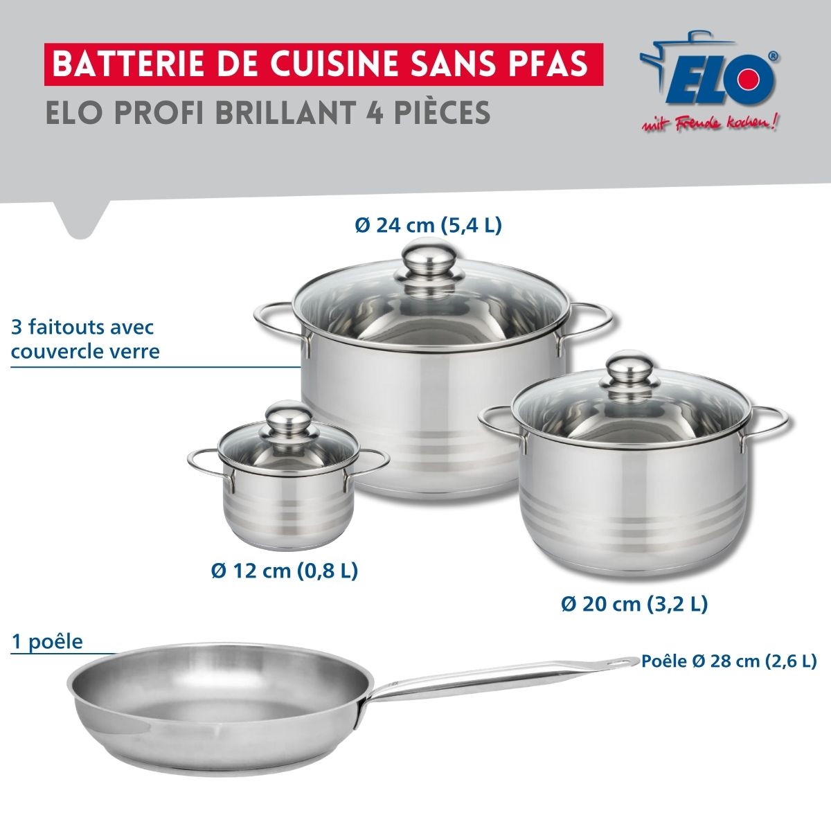 Ensemble de 1 Poêle de cuisson 28 cm et 3 faitouts 12, 20 et 24 cm  Profi Brillant Elo - Mathon - 2