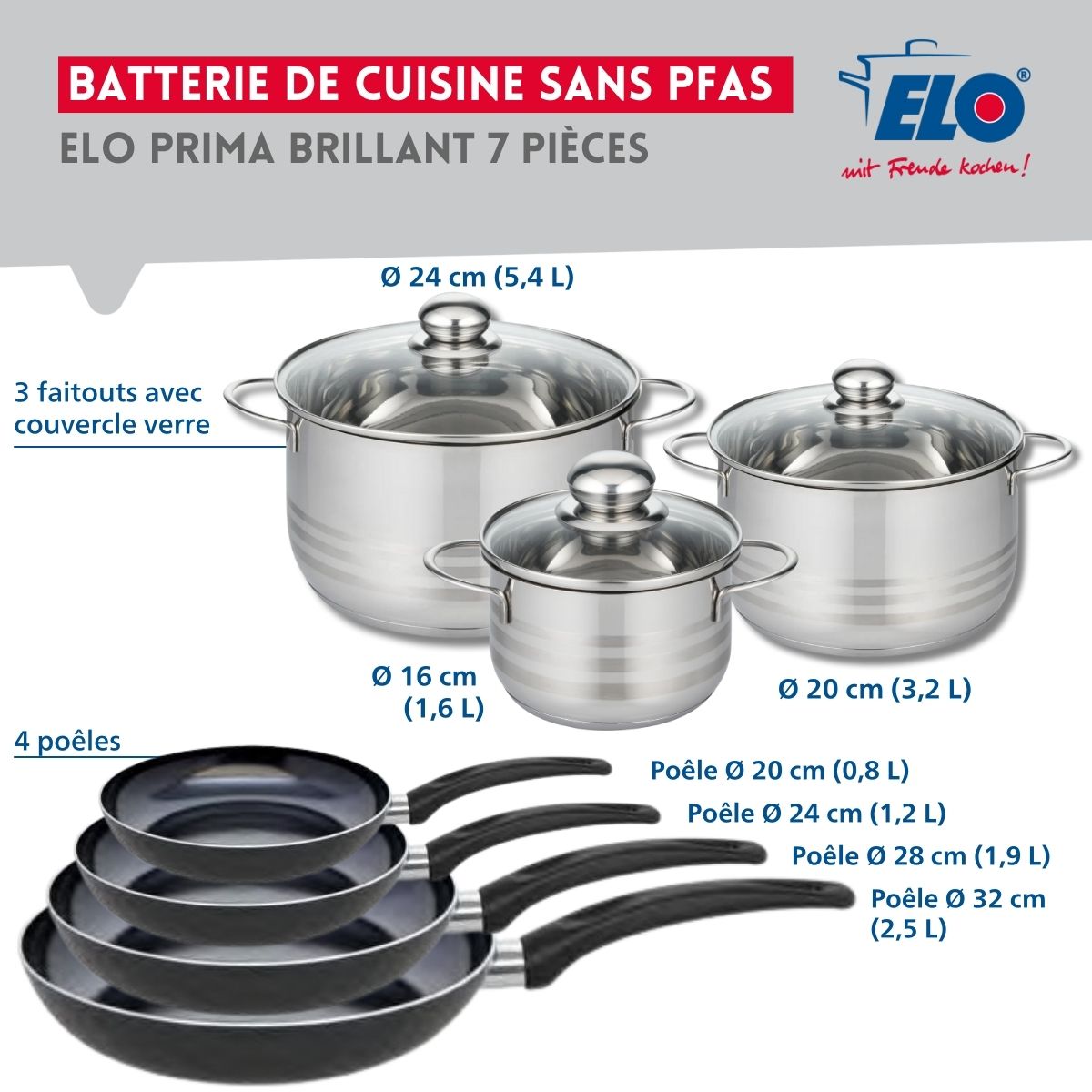 Ensemble de 4 Poêles de cuisson 20, 24, 28 et 32 cm et 3 faitouts 16, 20 et 24 cm  Prima Brillant Elo - Mathon - 2