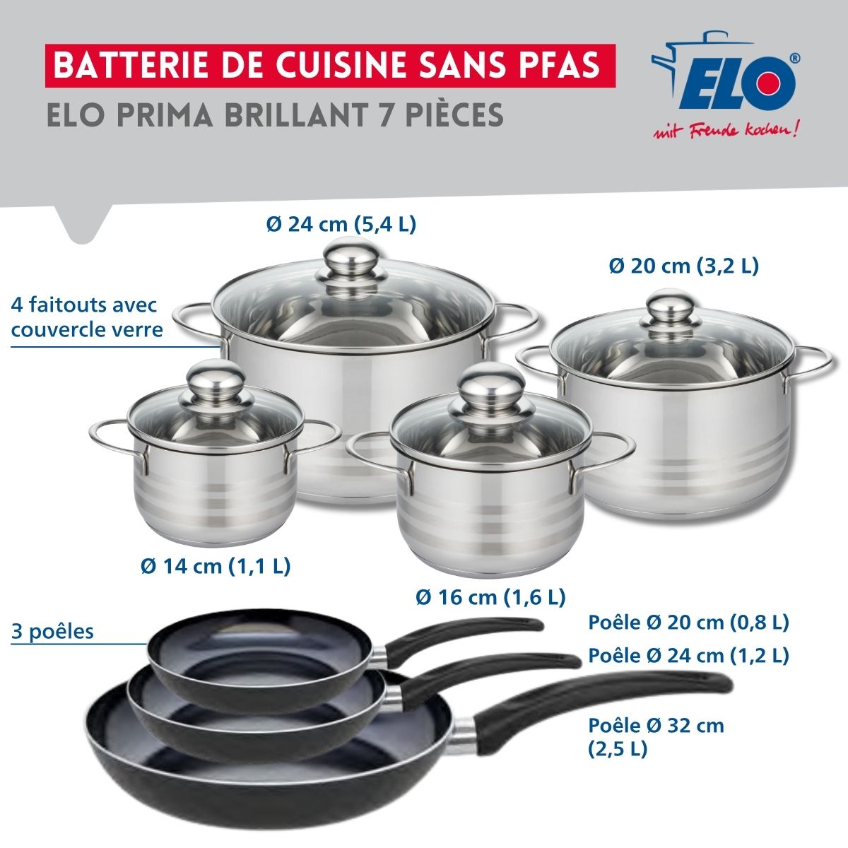 Ensemble de 3 Poêles de cuisson 20, 24 et 32 cm et 4 faitouts 14, 16, 20 et 24 cm  Prima Brillant Elo - Mathon - 2