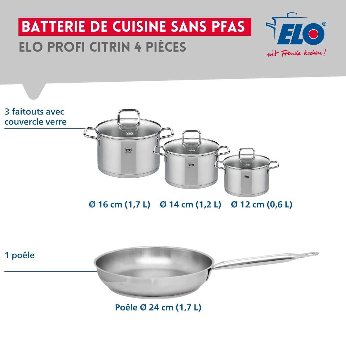 Ensemble de 1 Poêle de cuisson 24 cm et 3 faitouts 12, 14 et 16 cm  Profi Citrin Elo - Mathon - 2