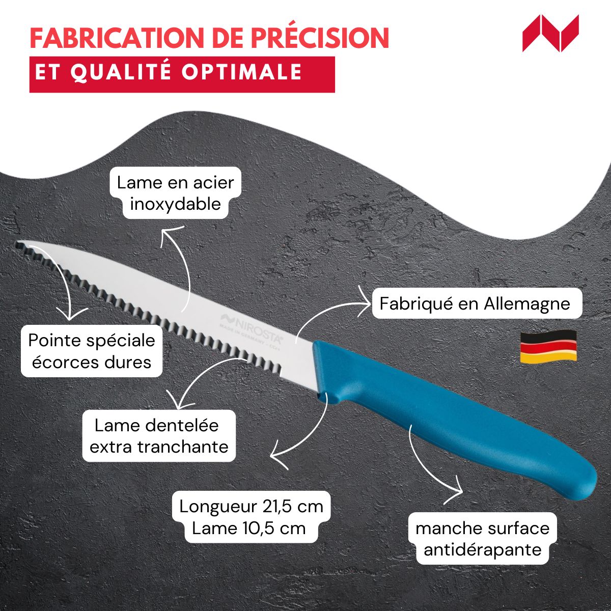 Couteau de cuisine lame crantée 21,5 cm  Elemental Nirosta - Mathon - 3