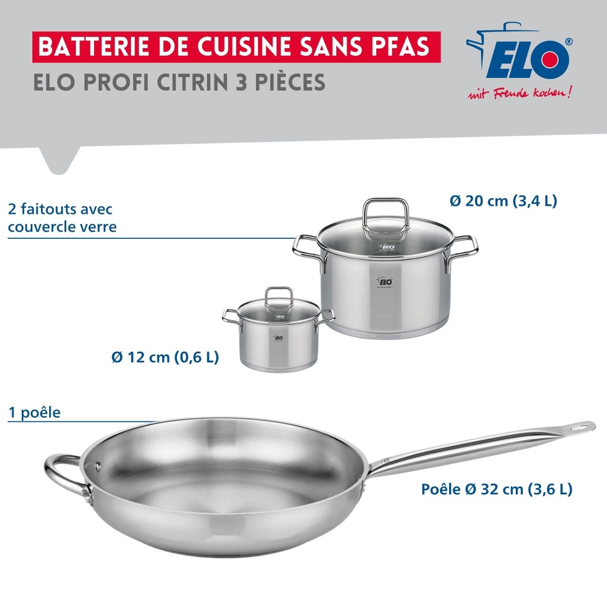 Ensemble de 1 Poêle de cuisson 32 cm et 2 faitouts 12 et 20 cm  Profi Citrin Elo - Mathon - 2