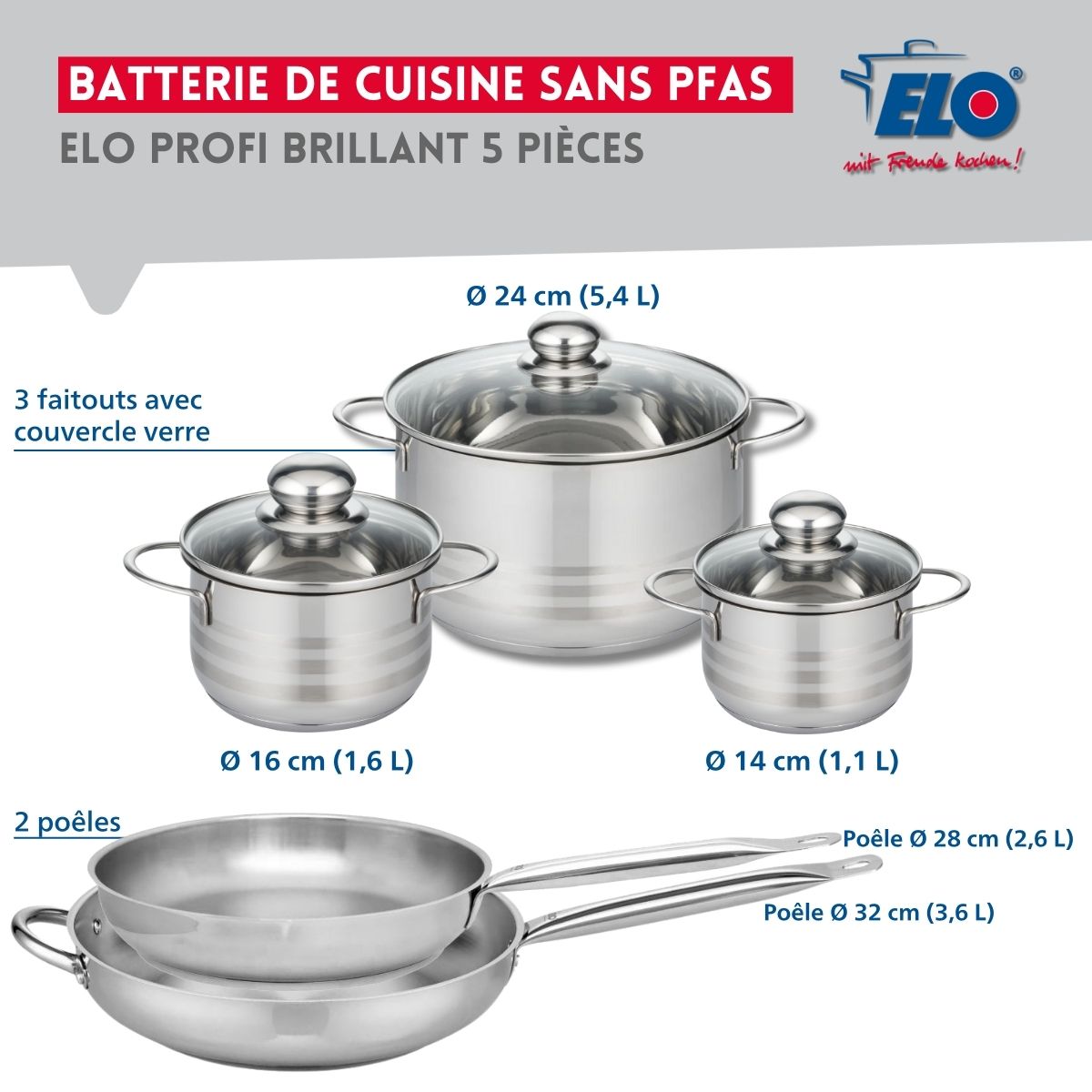 Ensemble de 2 Poêles de cuisson 28 et 32 cm et 3 faitouts 14, 16 et 24 cm  Profi Brillant Elo - Mathon - 2