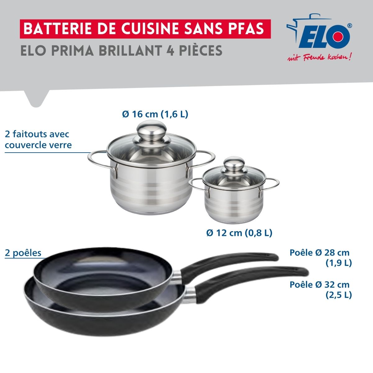 Ensemble de 2 Poêles de cuisson 28 et 32 cm et 2 faitouts 12 et 16 cm  Prima Brillant Elo - Mathon - 2