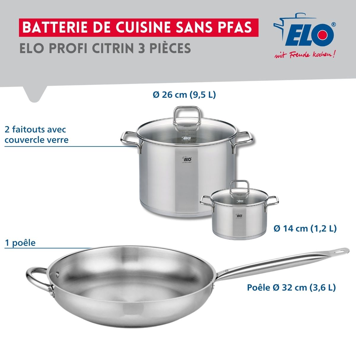 Ensemble de 1 Poêle de cuisson 32 cm et 2 faitouts 14 et 26 cm  Profi Citrin Elo - Mathon - 2