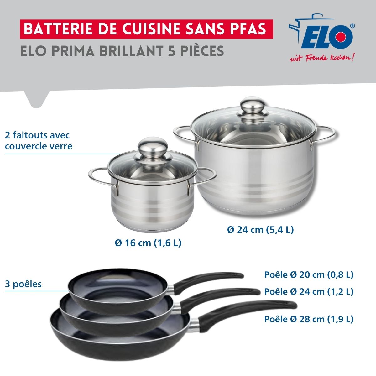 Ensemble de 3 Poêles de cuisson 20, 24 et 28 cm et 2 faitouts 16 et 24 cm  Prima Brillant Elo - Mathon - 2