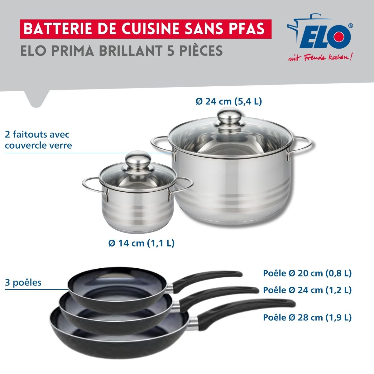 Ensemble de 3 Poêles de cuisson 20, 24 et 28 cm et 2 faitouts 14 et 24 cm  Prima Brillant Elo - Mathon - 2