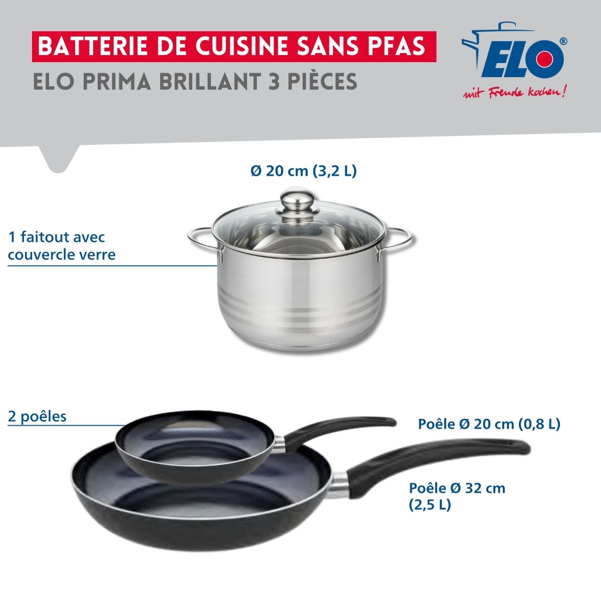 Ensemble de 2 Poêles de cuisson 20 et 32 cm et 1 faitout 20 cm  Prima Brillant Elo - Mathon - 2