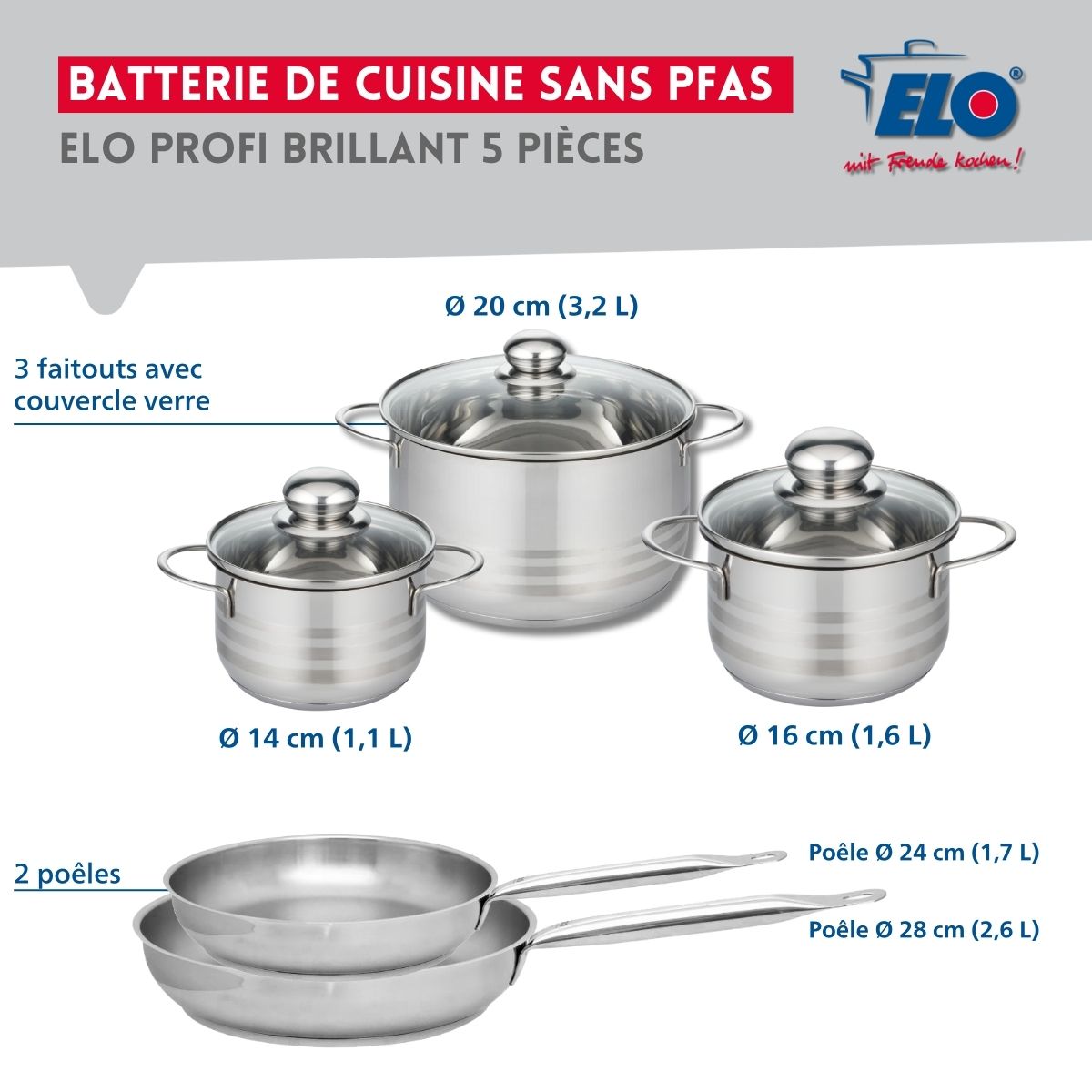Ensemble de 2 Poêles de cuisson 24 et 28 cm et 3 faitouts 14, 16 et 20 cm  Profi Brillant Elo - Mathon - 2