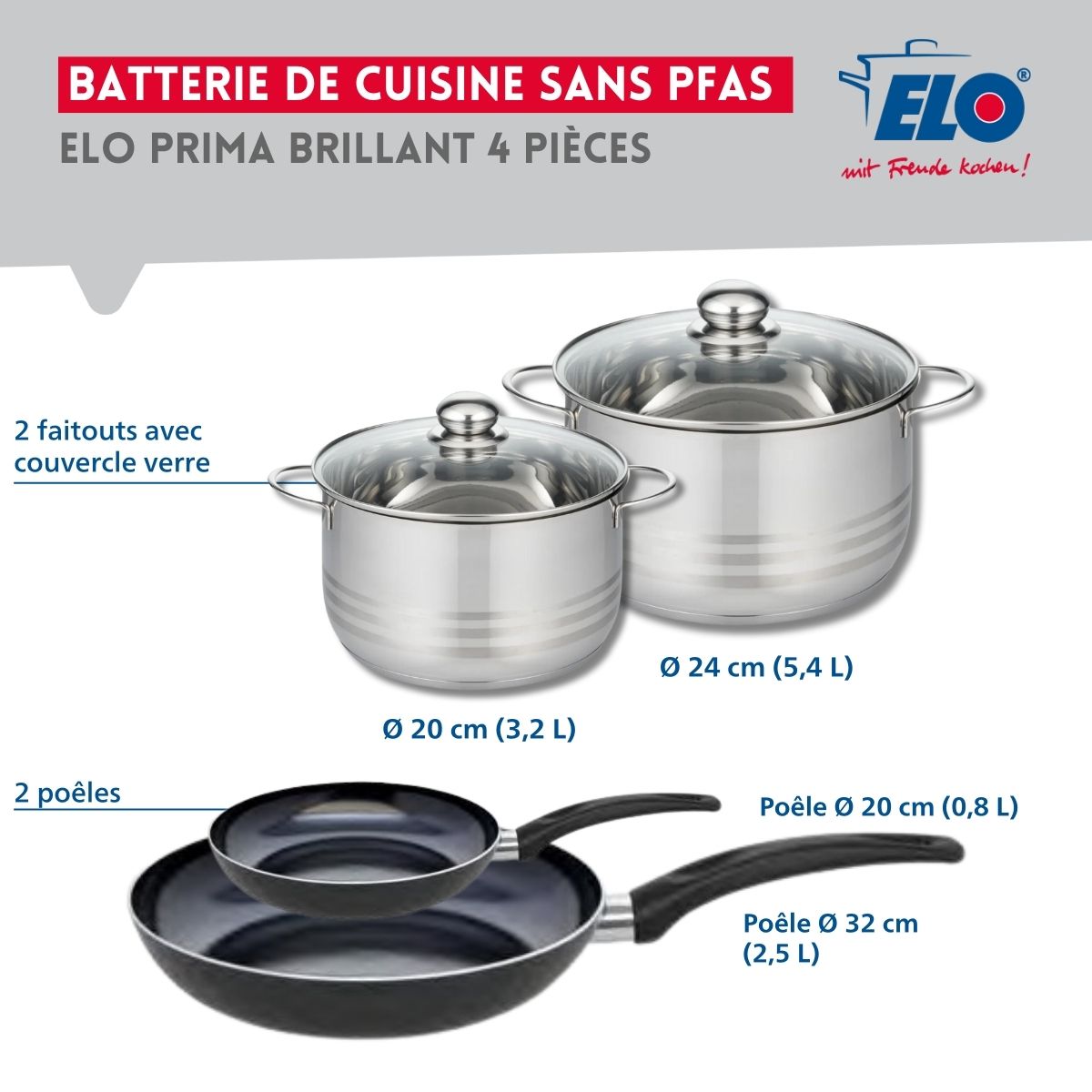 Ensemble de 2 Poêles de cuisson 20 et 32 cm et 2 faitouts 20 et 24 cm  Prima Brillant Elo - Mathon - 2