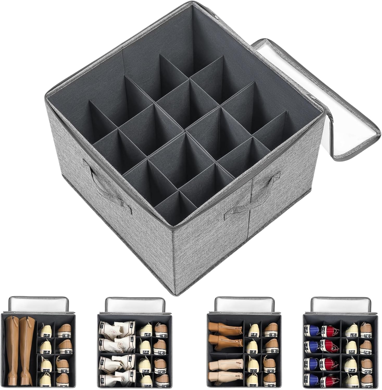 Organiseur de chaussures pliable avec couvercle transparent - 16 compartiments gris Vendos85 - Mathon