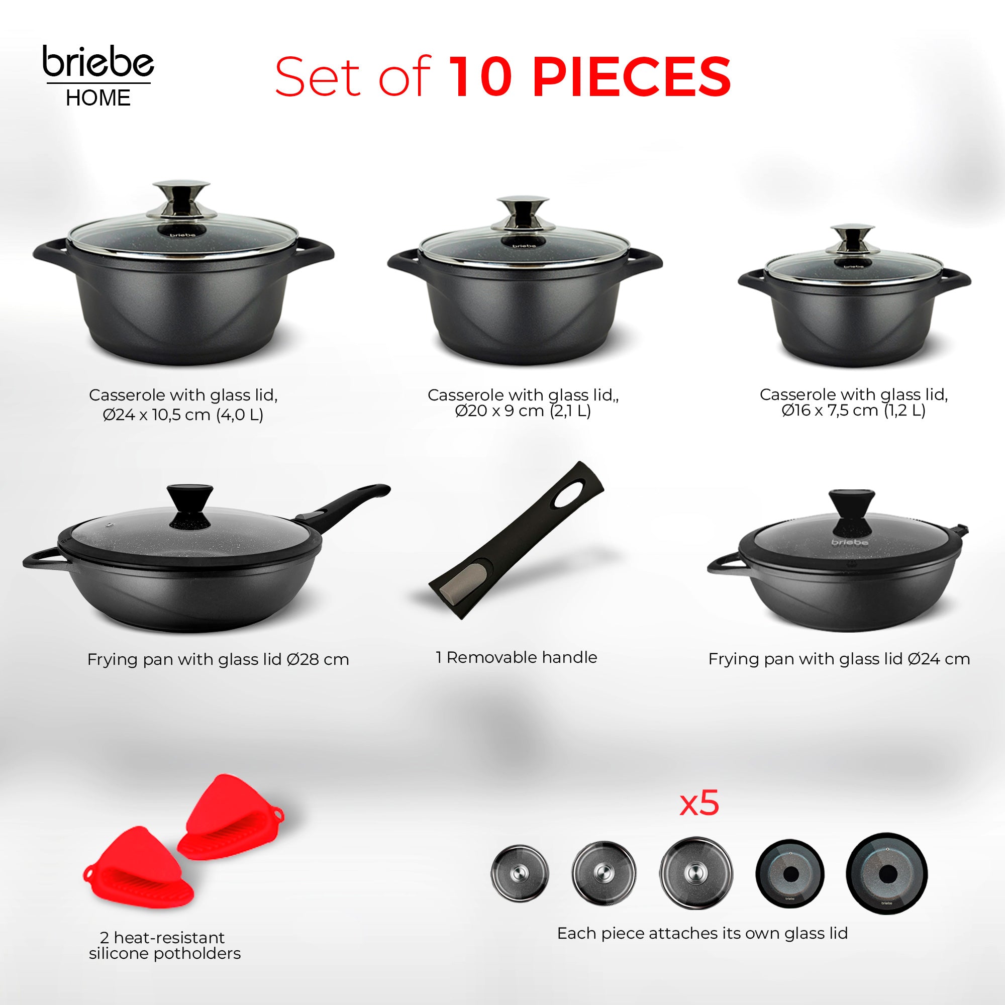 Batterie de Cuisine Induction 10 Pièces Aluminium Fonte 3 Casseroles 2 Poêles  Noir MGK1819 - Mathon - 3