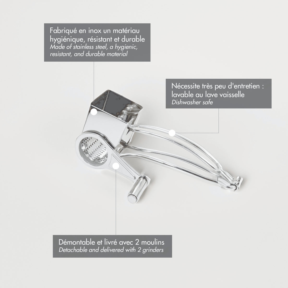 Moulin râpe à fromage inox - 2 tambours gruyère & parmesan La Bonne Graine - Mathon - 3