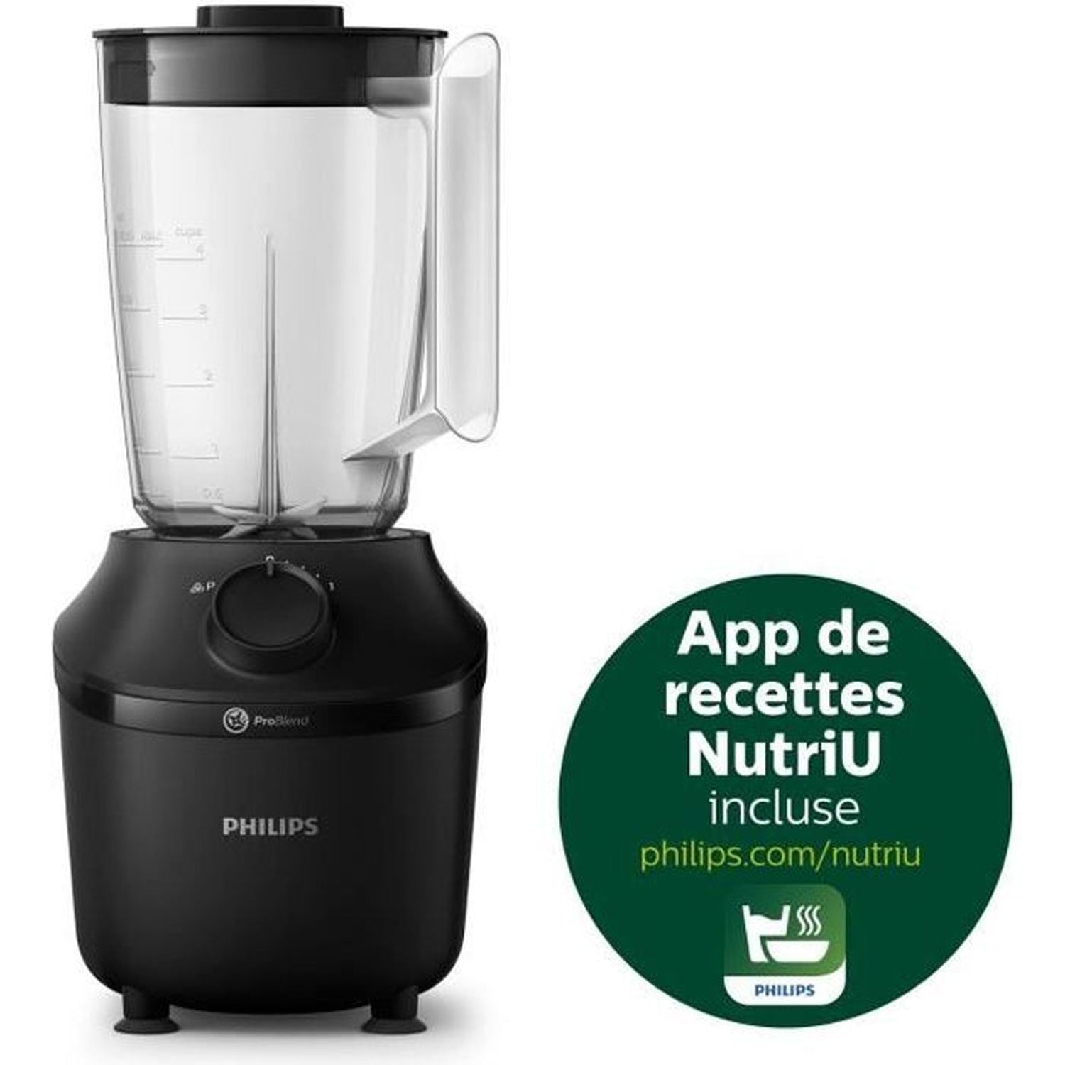 Blender, 450w, 4 lames problend 4, bol plastique de 1,9l, gourde, 1 vitesse + pulse, noir Philips - Mathon - 1