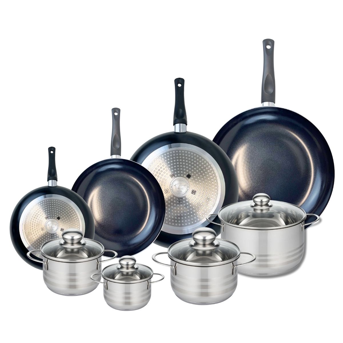 Ensemble de 4 Poêles de cuisson 20, 24, 28 et 32 cm et 4 faitouts 12, 14, 16 et 20 cm  Prima Brillant Elo - Mathon - 1