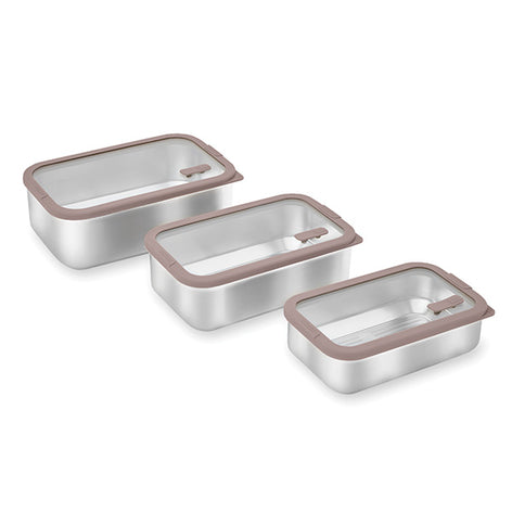 Lot 3 boîtes de conservation rectangulaires en inox avec couvercles en verre 700 ml, 1L et 1,65 L compatibles micro-ondes  Mathon - Mathon - 1