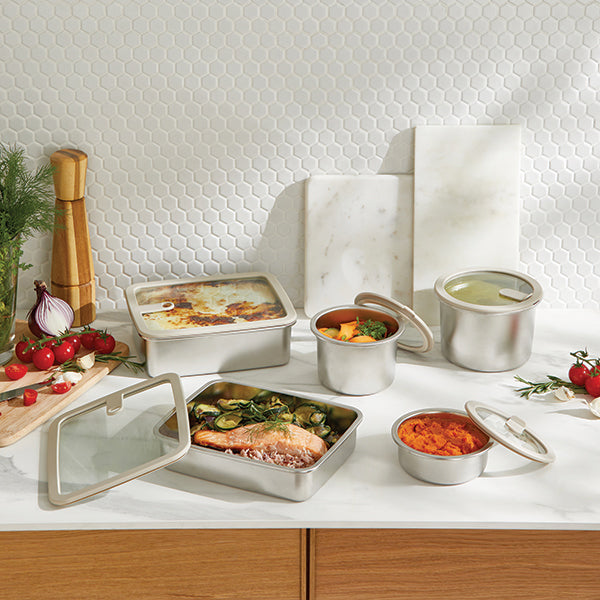 Lot 5 boîtes de conservation en inox avec couvercles en verre 450, 900, 1500, 1700, 2400 ml compatibles micro-ondes Mathon - Mathon - 5