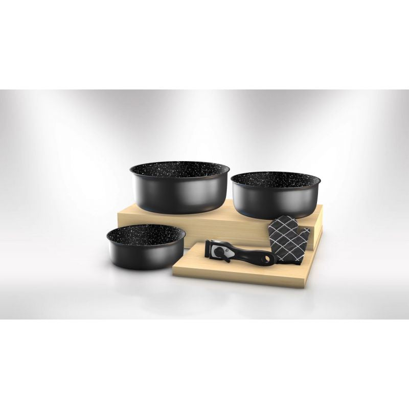 Batterie de cuisine revêtement pierre avec manche amovible 5 pièces noir Herzberg HG8051-BLK Herzberg - Mathon - 2