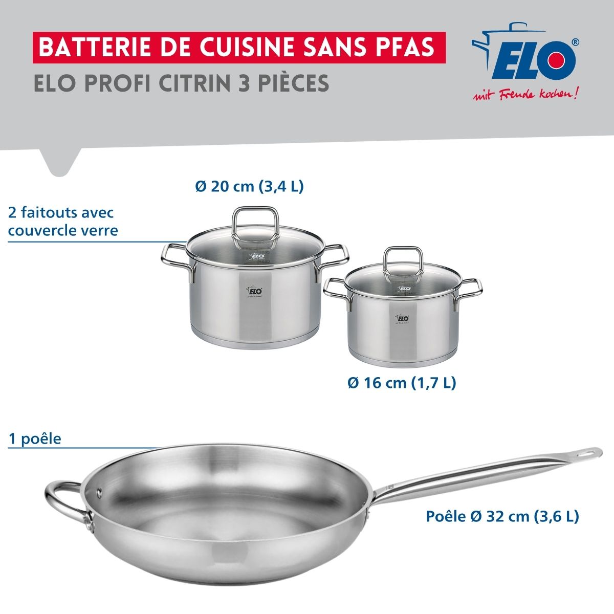 Ensemble de 1 Poêle de cuisson 32 cm et 2 faitouts 16 et 20 cm  Profi Citrin Elo - Mathon - 2