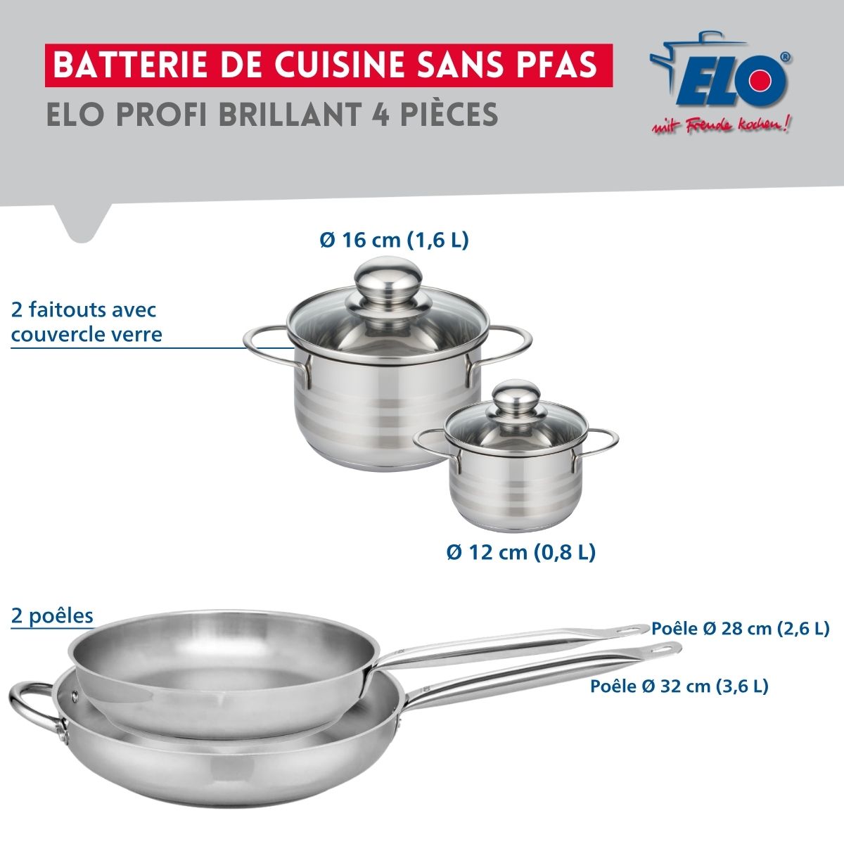 Ensemble de 2 Poêles de cuisson 28 et 32 cm et 2 faitouts 12 et 16 cm  Profi Brillant Elo - Mathon - 2