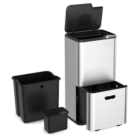 Lot poubelle de cuisine 3 bacs de tri sélectif 63 L inox et grand panier de tri 72 L Mathon - Mathon - 2
