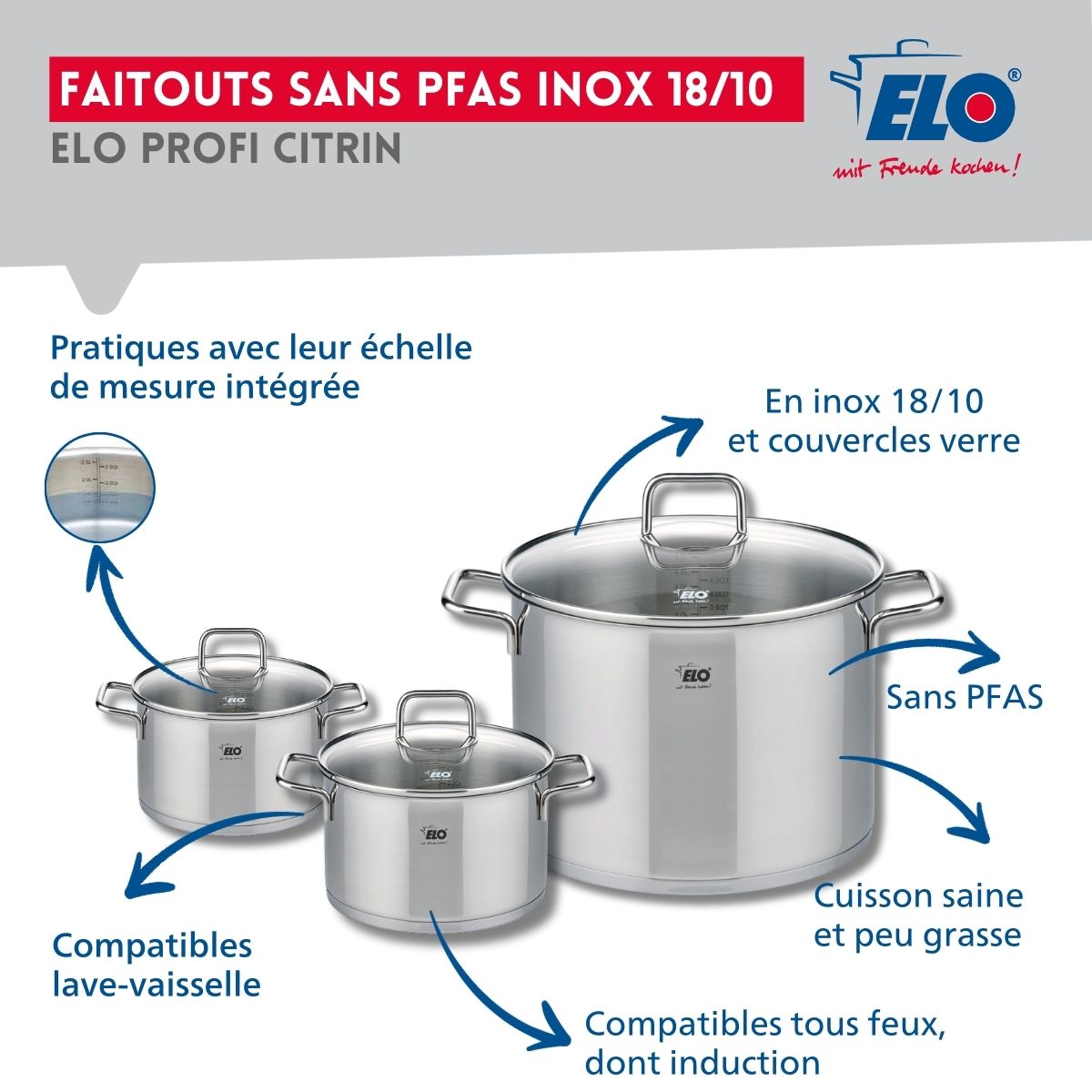 Ensemble de 3 Poêles de cuisson 24, 28 et 32 cm et 3 faitouts 14, 16 et 26 cm  Profi Citrin Elo - Mathon - 3