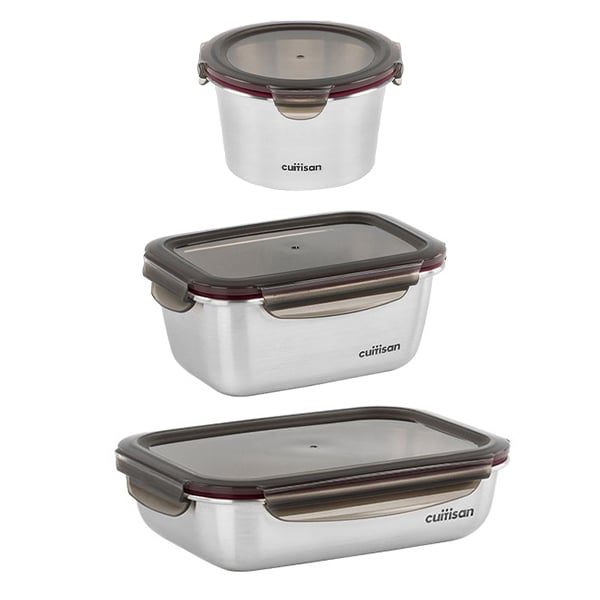 Lot de 3 boîtes de conservation en inox 920ml, 980ml et 1900ml compatibles micro-ondes Cuitisan - Mathon - 1